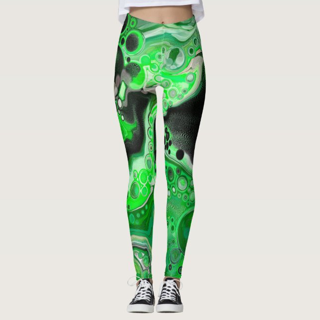 Green Digital Fluid Marble Art Leggings (Vorderseite)