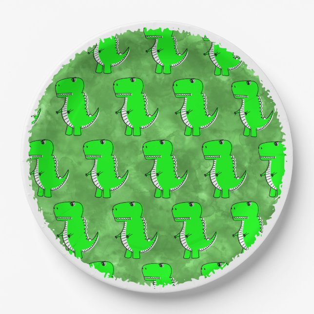 Green Dino Watercolor Kinderdusche Pappteller (Vorderseite)