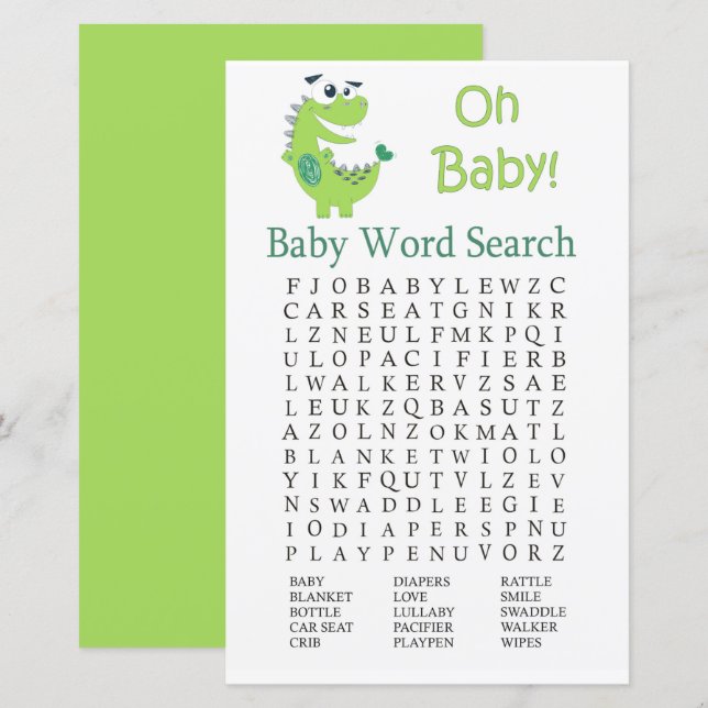 Green Dinosaur Baby Dusche Word Search Game (Vorne/Hinten)