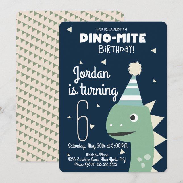 Green Dinosaur Birthday Confetti Einladung (Vorne/Hinten)
