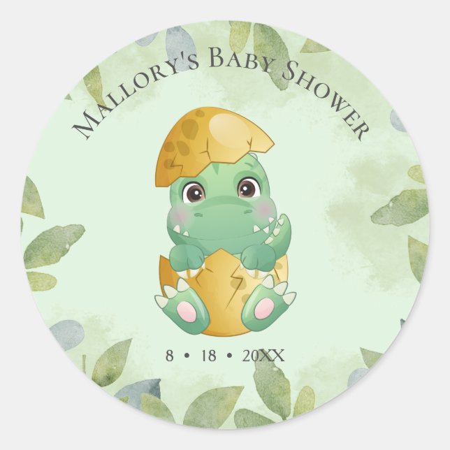 Green Dinosaur Boys Baby Dusche Runder Aufkleber (Vorderseite)