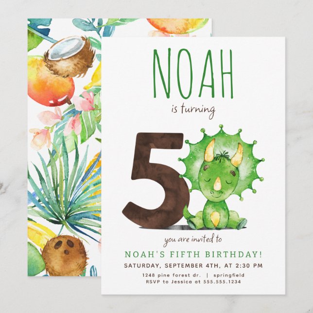 Green Dinosaur cinquième invitation anniversaire (Devant / Derrière)