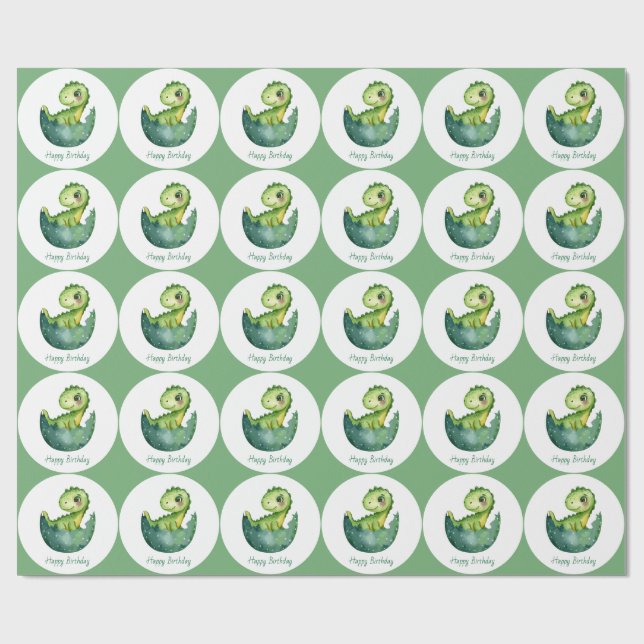 Green Dinosaur Custom Watercolor Happy Birthday Geschenkpapier (Flach)