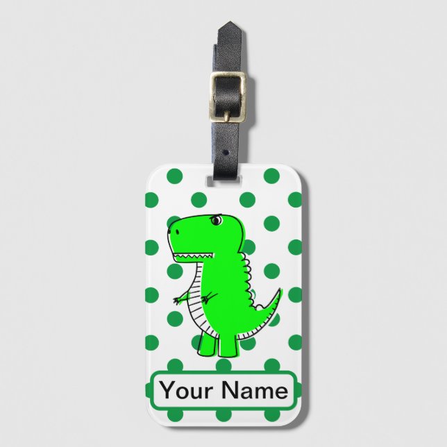 Green Dinosaur Green Polka Dots Individuelle Name Gepäckanhänger (Vorderseite Vertikal)