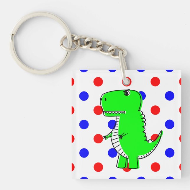 Green Dinosaur Red Blue Polka Dots Schlüsselanhänger (Vorderseite)