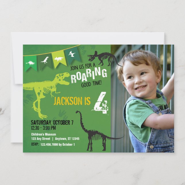 Green Dinosaur Roaring Boys Invitation Anniversair (Devant)