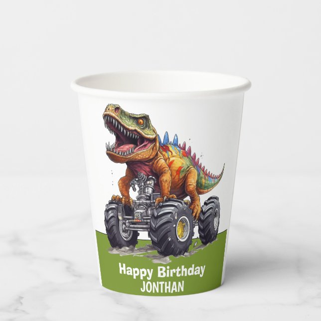 Green Dinosaur T-Rex Monster Truck Thema Pappbecher (Rückseite)