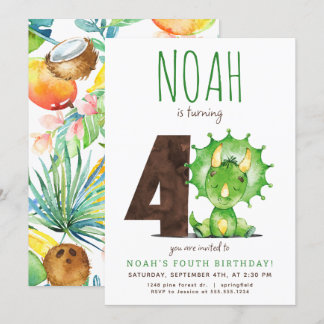 Green Dinosaur Vierte Geburtstagseinladung Einladung