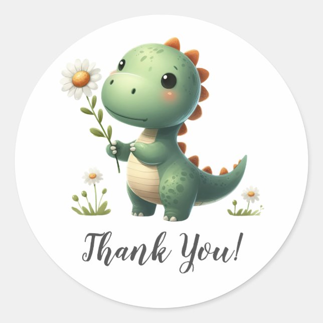 Green Dinosaurier mit Blume Vielen Dank Runder Aufkleber (Vorderseite)