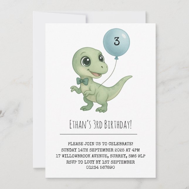 Green Dinosaurier mit Bow Krawatte Geburtstag Einladung (Vorderseite)