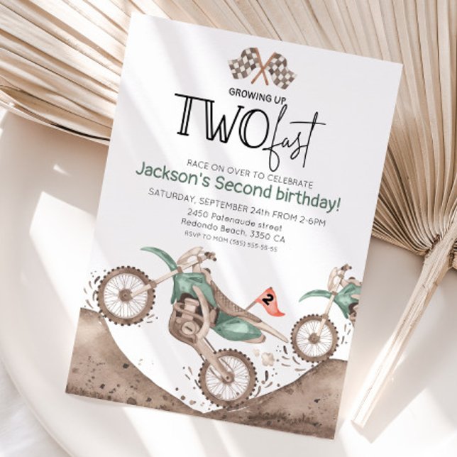 Green Dirt Bike 2nd birthday - Growing up two fast Einladung (Green dirt bike growing up two fast, watercolor birthday invitation)