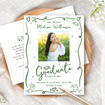 Green Doodles Graduation Save the Date Photo White