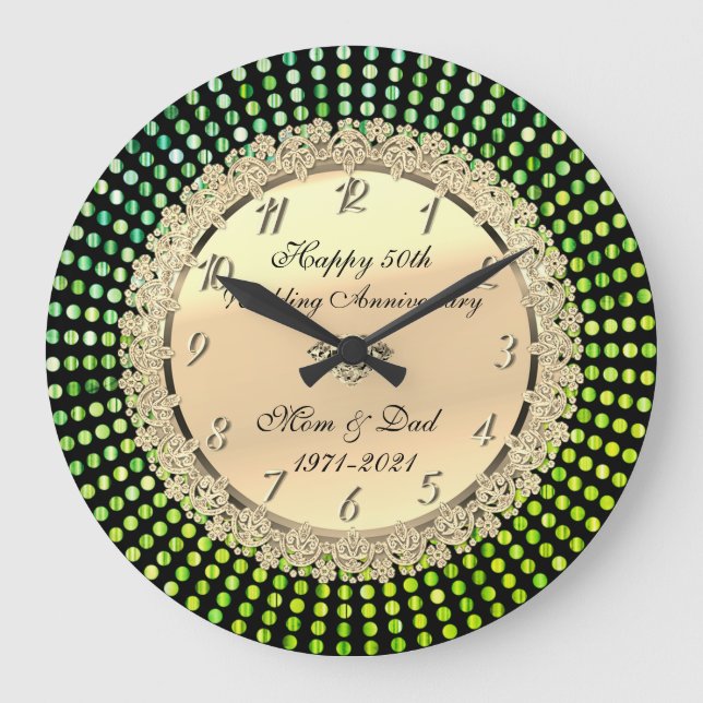 Green Dots,Black 50th Wedding Anniversary Große Wanduhr (Vorderseite)