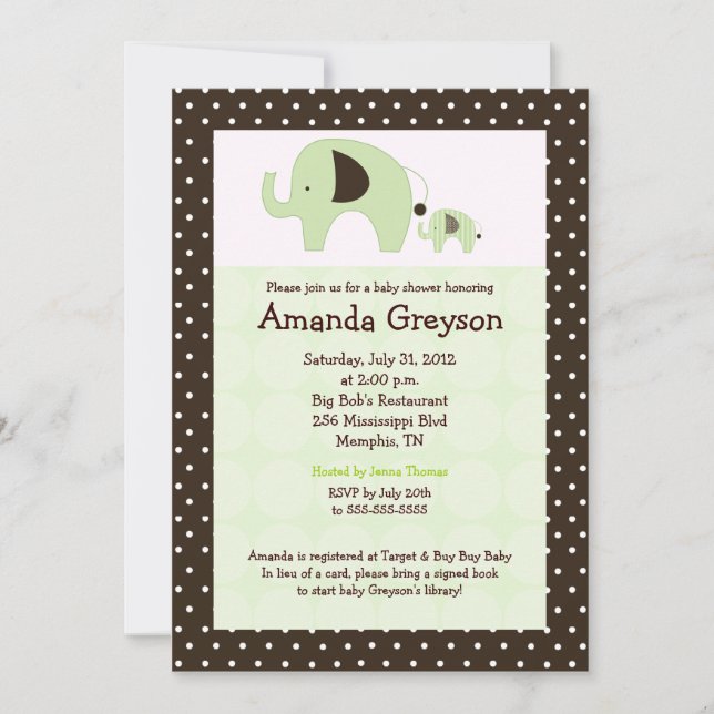 Green Dottie Elephant 5x7 Baby shower Invitation (Devant)