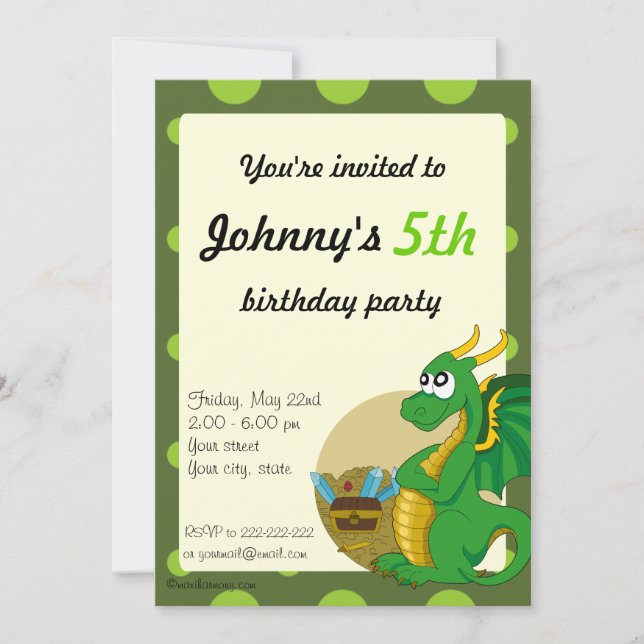 Green dragon cartoon birthday print invitations einladung (Vorderseite)