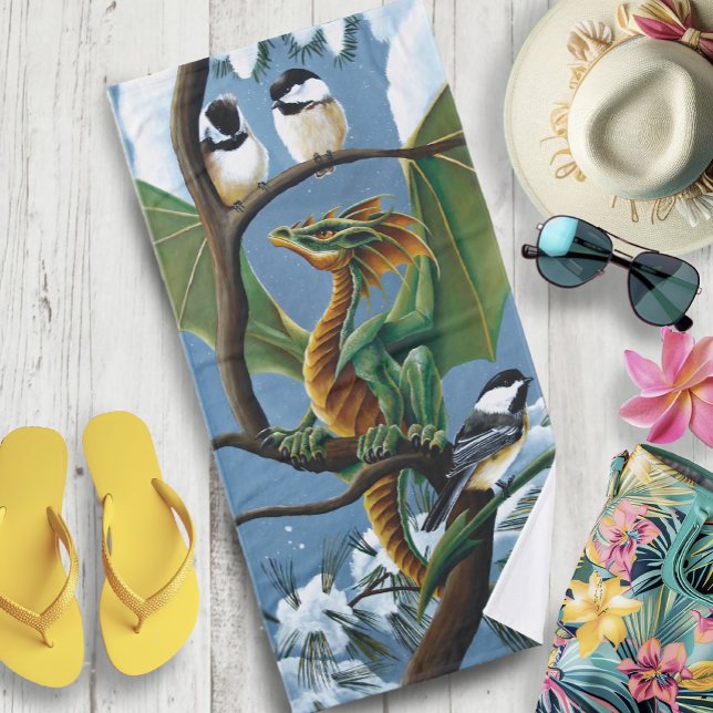 Green Dragon Chickadees Winter Badehandtuch (Von Creator hochgeladen)