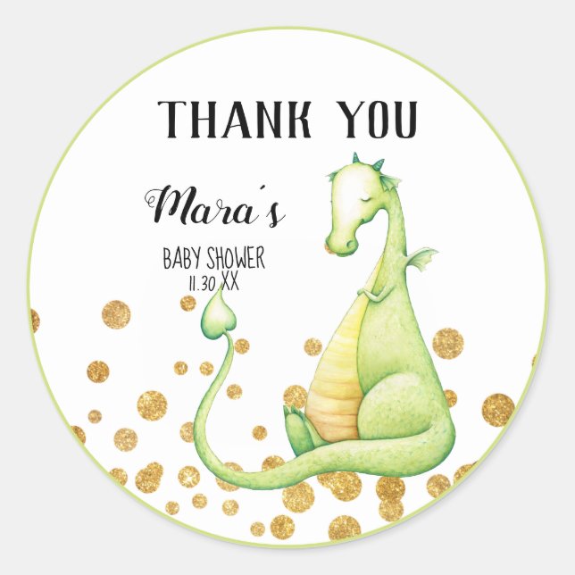 *~* Green Dragon Glitzer Kinderdusche Vielen Dank Runder Aufkleber (Vorderseite)