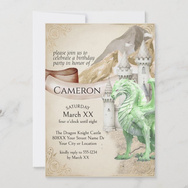 Green Dragon und Castle Fantasy Party Einladung (Vorderseite)
