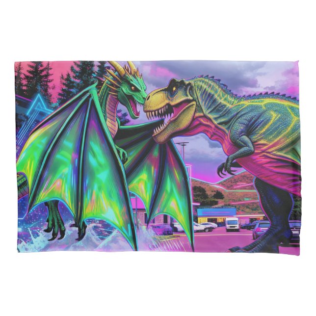 Green Dragon vs Dinosaur Kissenbezug (Vorderseite)