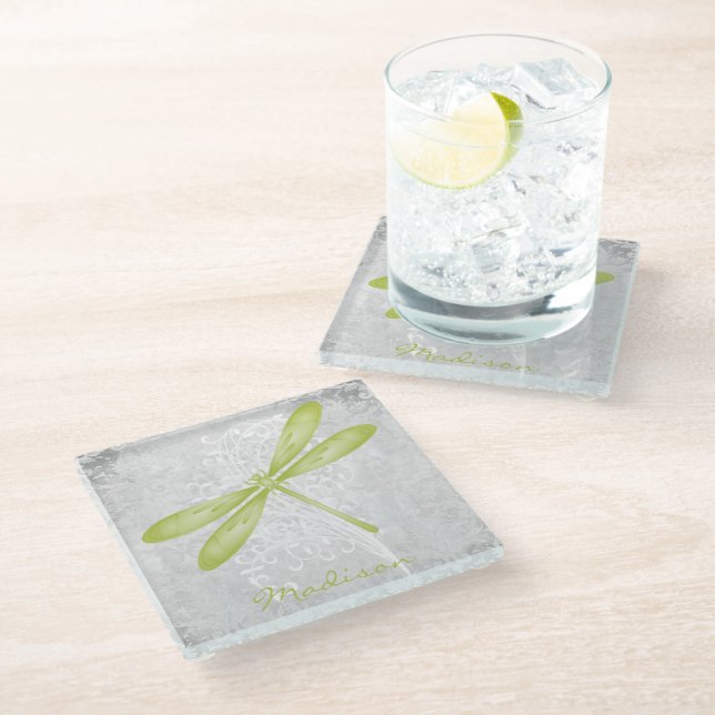 Green Dragonfly Personalisiert Glass Untersetzer (Schrägansicht)