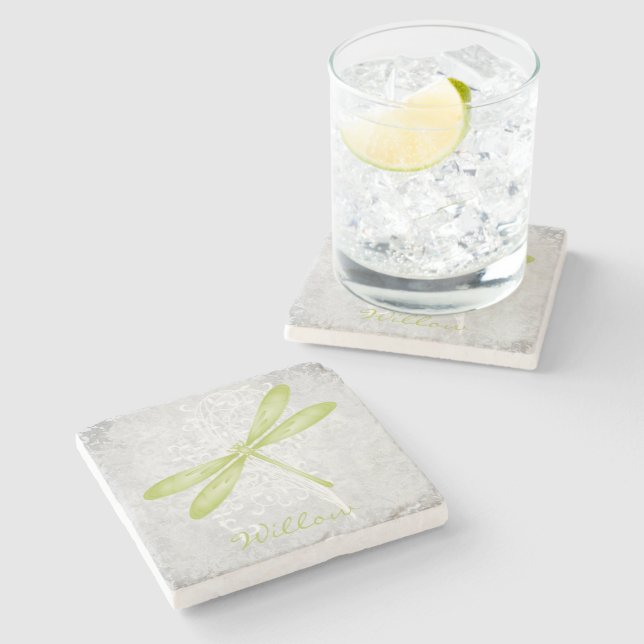 Green Dragonfly Personalisiert Stone Untersetzer (Seitenansicht)