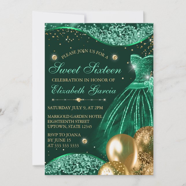 Green Dress & Gold Glitzer Balloons Sweet 16 Einladung (Vorderseite)
