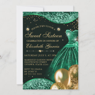 Green Dress & Gold Glitzer Balloons Sweet 16 Einladung