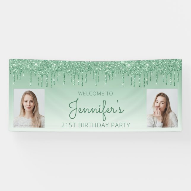 Green Dripping Glitzer Two Foto 21. Geburtstag Banner (Horizontal)
