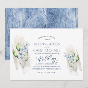 Green & Dusty Blue Eukalyptus Rustic Wood Wedding Einladung