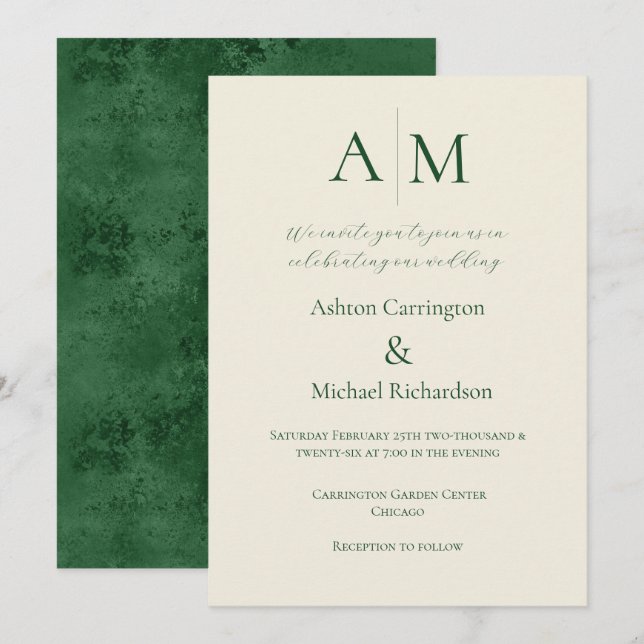 Green Ecru Monogram Modern Wedding Einladung (Vorne/Hinten)