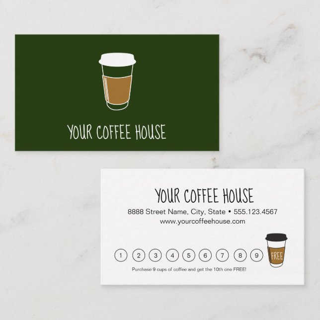 Green Editable Coffee House Briefmarke Treuekarte (Vorne/Hinten)