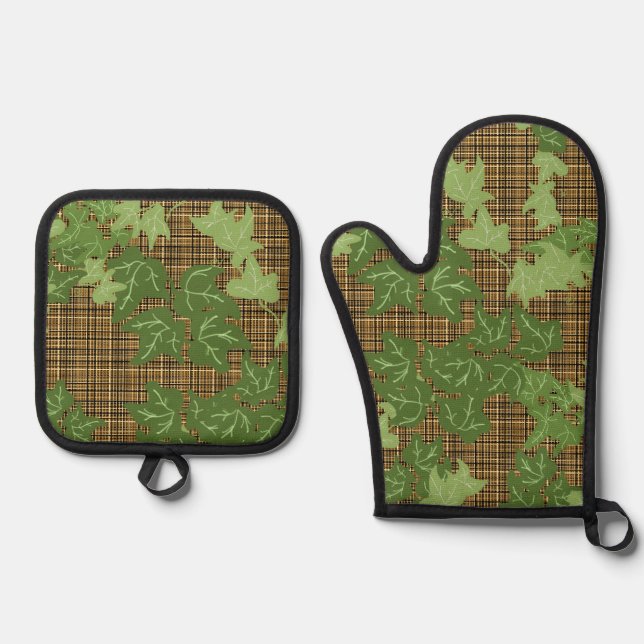 Green Efeu Gold Black Brown Kariert Ofenhandschuh & Topflappen-Set (Vorderseite)