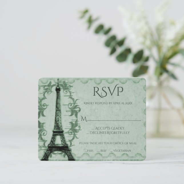 Green Eiffel Tower Wedding RSVP Card (Stehend Vorderseite)