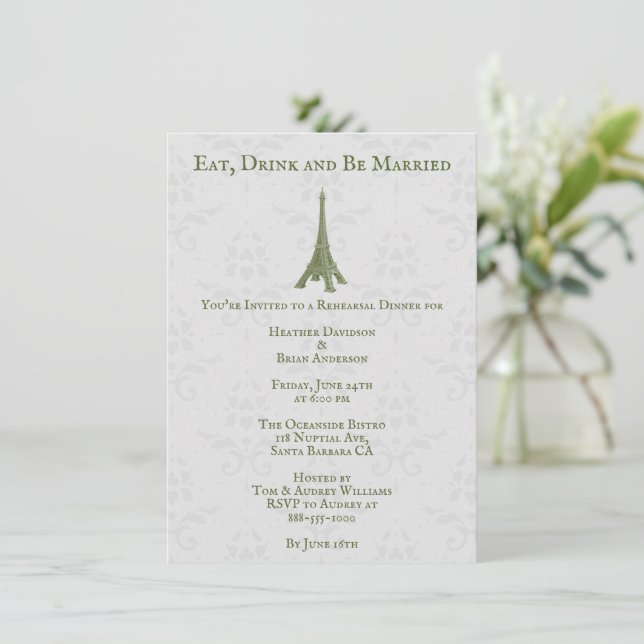 Green Eiffelturm Damask Hochzeitsessen Probe Einladung (Stehend Vorderseite)