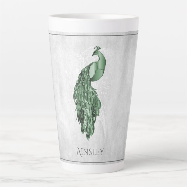 Green Elegance Peacock Personalisierte Latte-Tasse Milchtasse (Vorderseite)