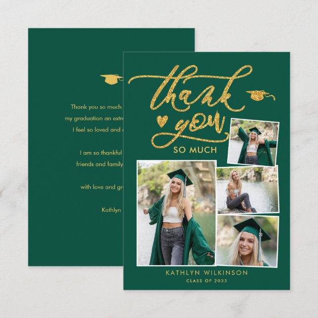Green Elegant Gold Script Foto Collage Abschluss Dankeskarte (Vorne/Hinten)