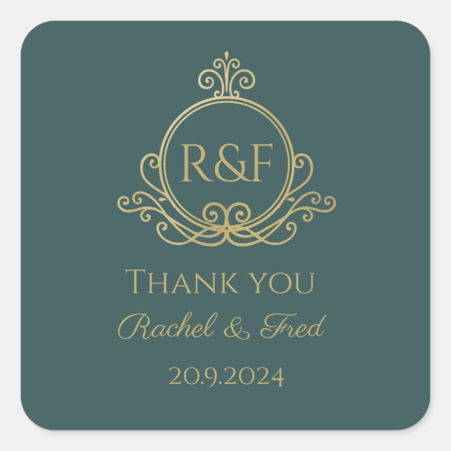 Green Elegant Golden Calligraphy Wedding Danke Quadratischer Aufkleber (Vorderseite)