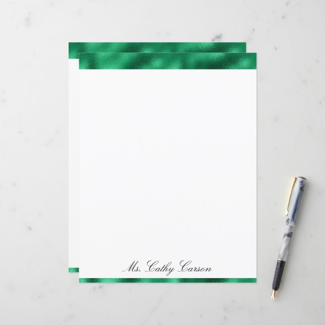 Green Elegant Metallic Satin Name Shiny Stationary (Vorderseite/Rückseite Beispiel)