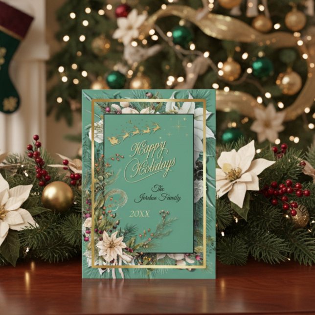 Green Elegant Or Et Floral Carte de Noël (Créateur téléchargé)