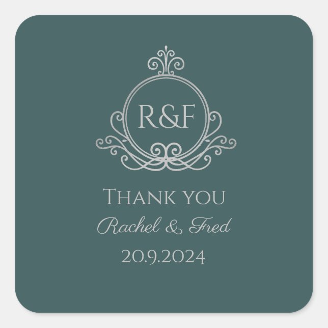 Green Elegant Silver Calligraphy Wedding Danke Quadratischer Aufkleber (Vorderseite)