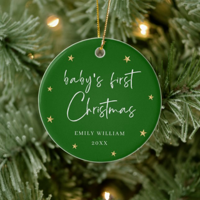 Green Elegant Star Foto Baby's First Christmas Keramik Ornament (Baum)
