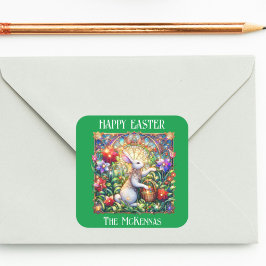 Green Elegante Art Nouveau Bunny Garden Ostern Quadratischer Aufkleber
