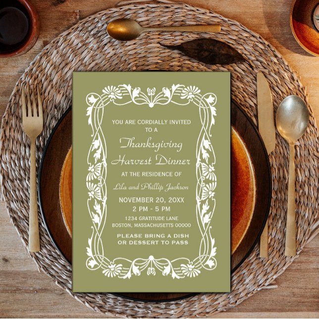 Green Elegante Border Erntedank laden ein Einladung (Green Elegant Border Thanksgiving Invite)