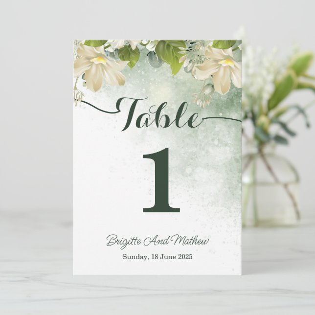 Green Elegante Wedding Tischnummer Card (Stehend Vorderseite)