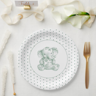 Green Elephant Punkt Babydusche Pappteller