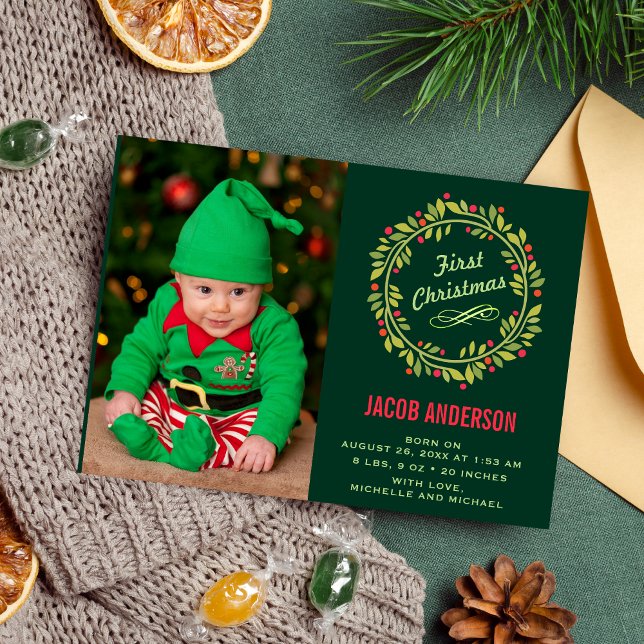 Green Elf Erstes Weihnachtsfest Foto Geburtserklär Ankündigung (Von Creator hochgeladen)
