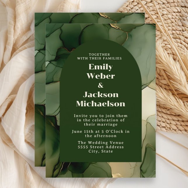 Green Emerald Olive Gold Floral Arch Wedding Einladung (Emerald and olive green wedding invitation)