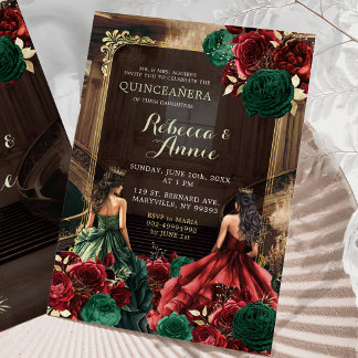 Green Emerald und Burgund Red Floral Quinceañera Einladung