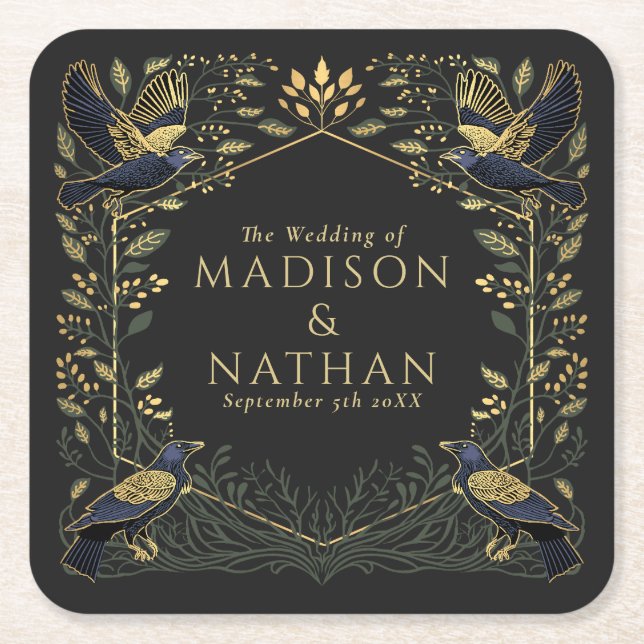 Green Enchanted Gothic Raven Floral Wedding Rechteckiger Pappuntersetzer (Vorderseite)