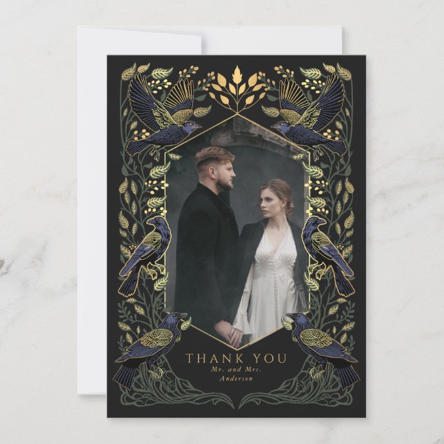 Green Enchanted Raven Wedding Danke Card (Vorderseite)